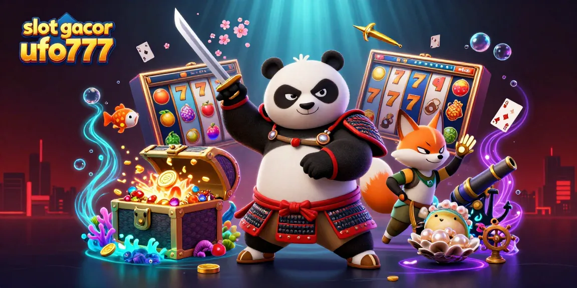 Engage with slot gacor ufo777 through a rich 3D scene of dynamic characters, slot reels, and vibrant casino elements.