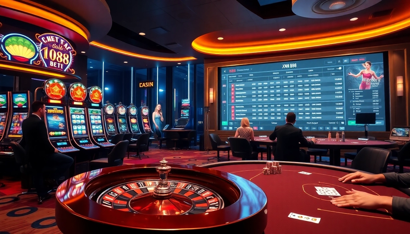 Players engaged in thrilling games at xn88 bet casino, showcasing vibrant slot machines and a roulette wheel.