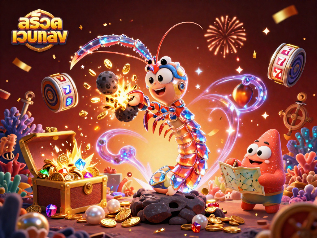 Spin the reels on สล็อตเว็บตรง with a dynamic underwater scene featuring vivid characters and casino elements.