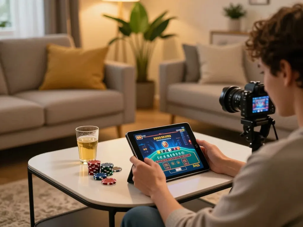 Player engaging with Go88 online casino app on a tablet, showcasing a comfortable and vibrant gaming setup.