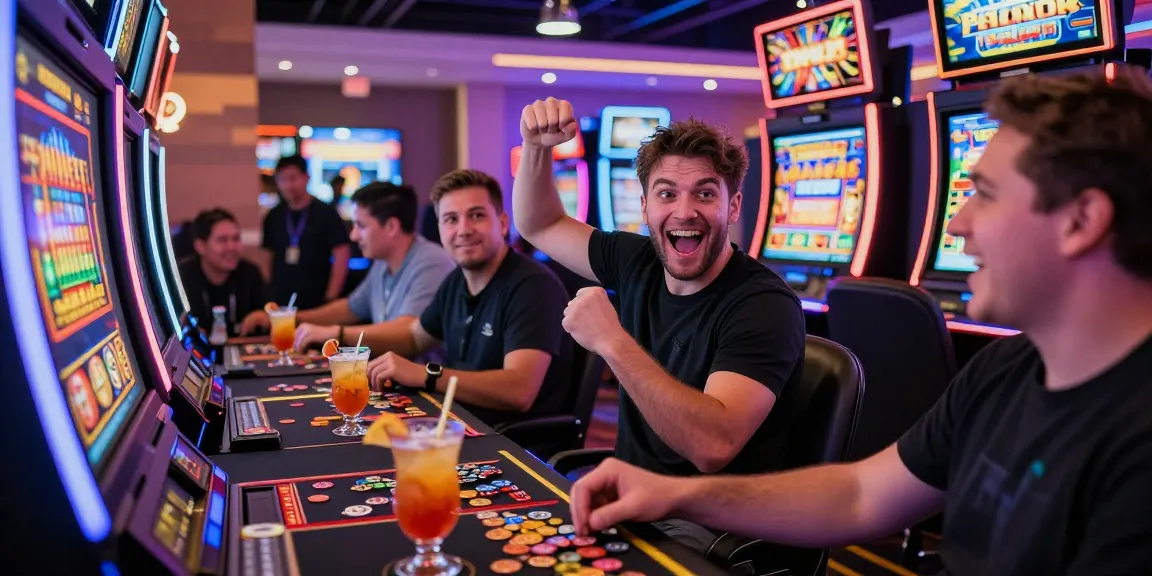 Players enjoying bonus buy slots at an exciting casino environment with colorful lights and vibrant atmosphere.