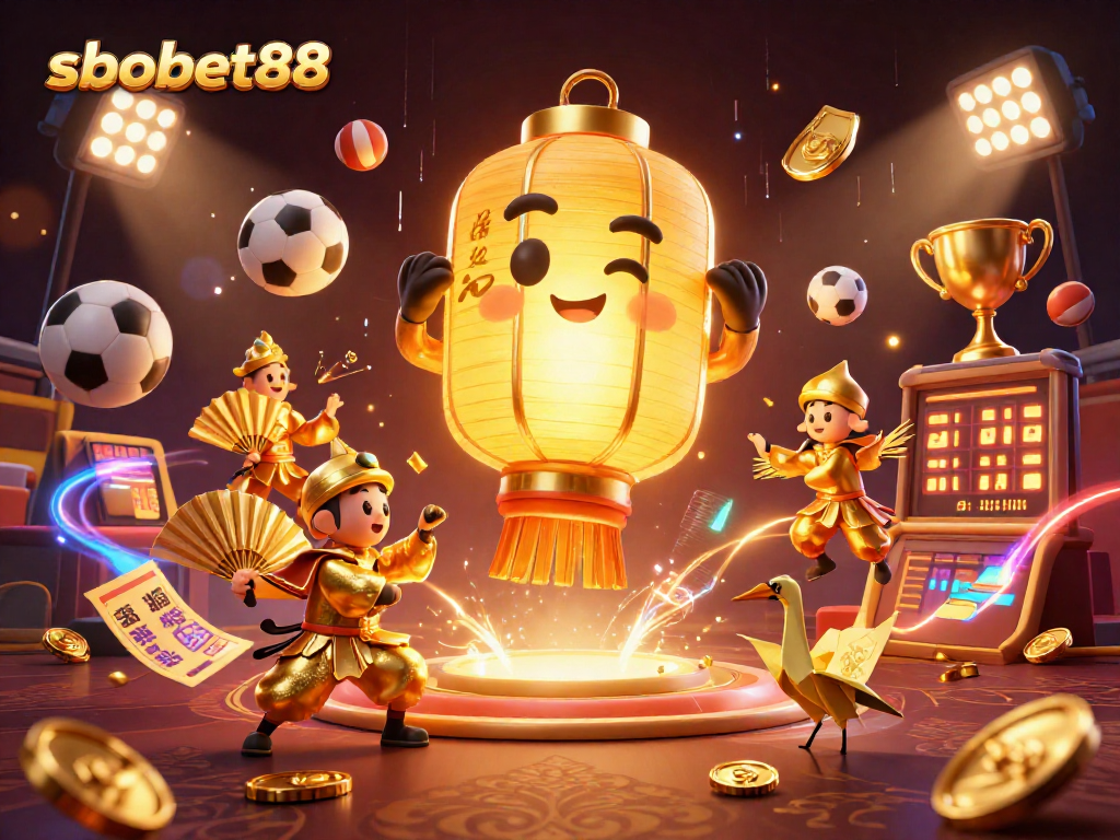 Sbobet88 offers dynamic sports betting action with golden spirit and sports elements in a vibrant casino atmosphere.