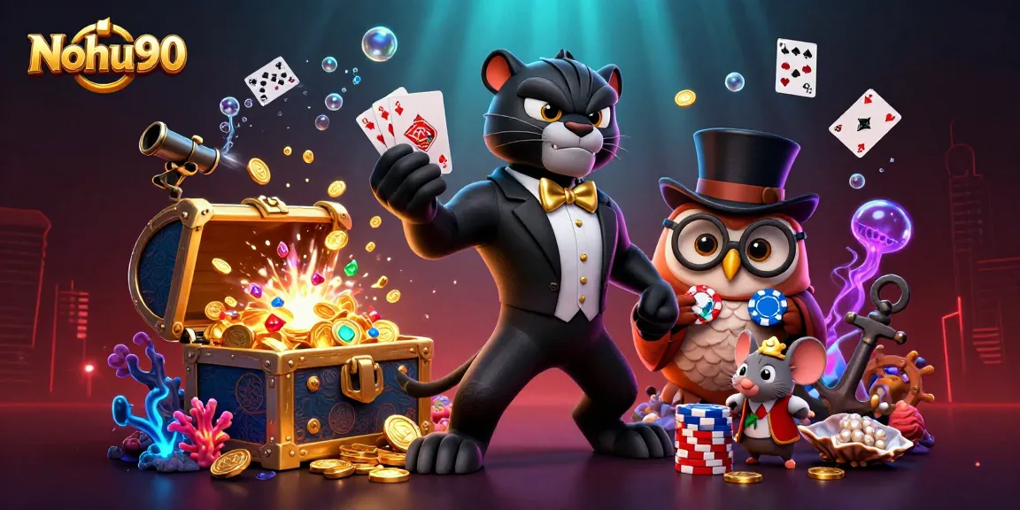 Nohu90’s exciting casino experience illustrated with a stylish panther and owl in action, surrounded by treasure and games.
