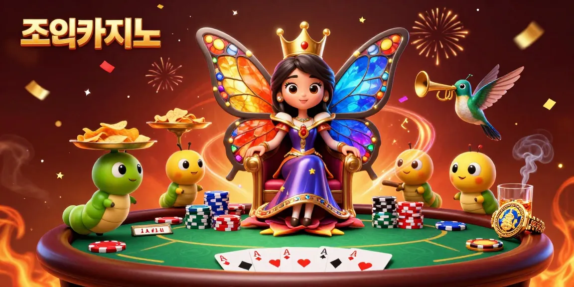 Experience the thrilling action at 조이카지노 with a vibrant 3D casino scene featuring our butterfly queen and poker elements.