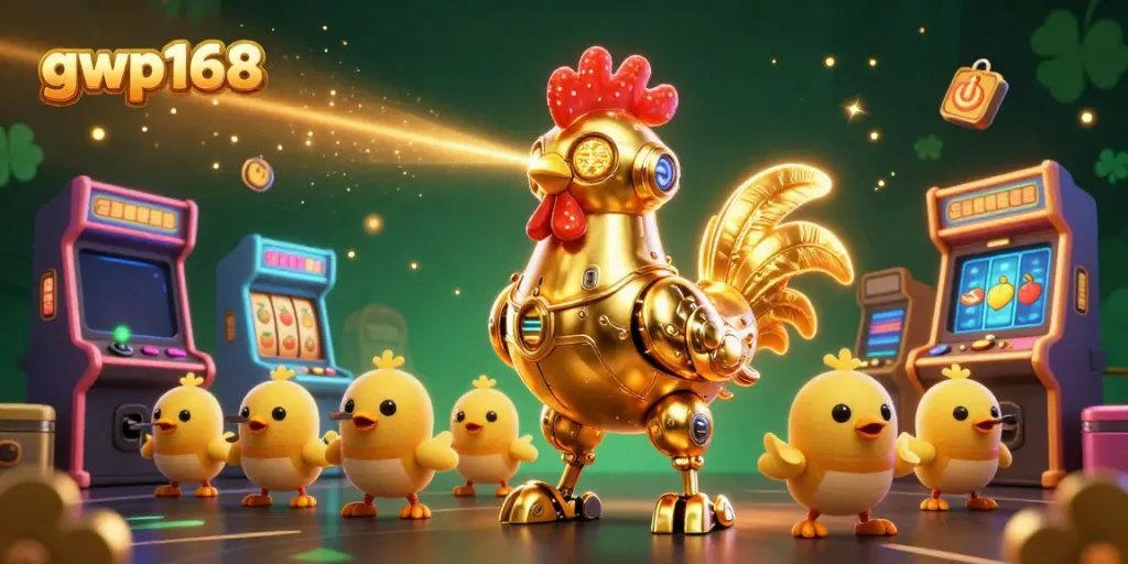 GWP168 menghadirkan robot ayam emas futuristik menembakkan laser di antara mesin slot cerah.