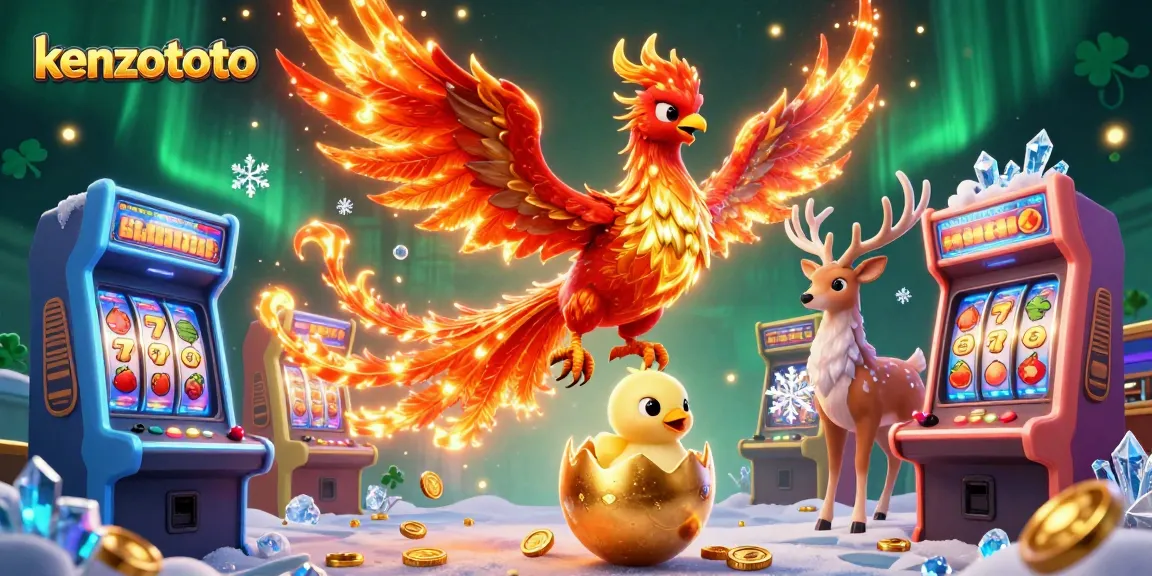 Play exciting slots with kenzototo as the fire phoenix and baby phoenix emerge from a golden egg amidst magical arcade elements.