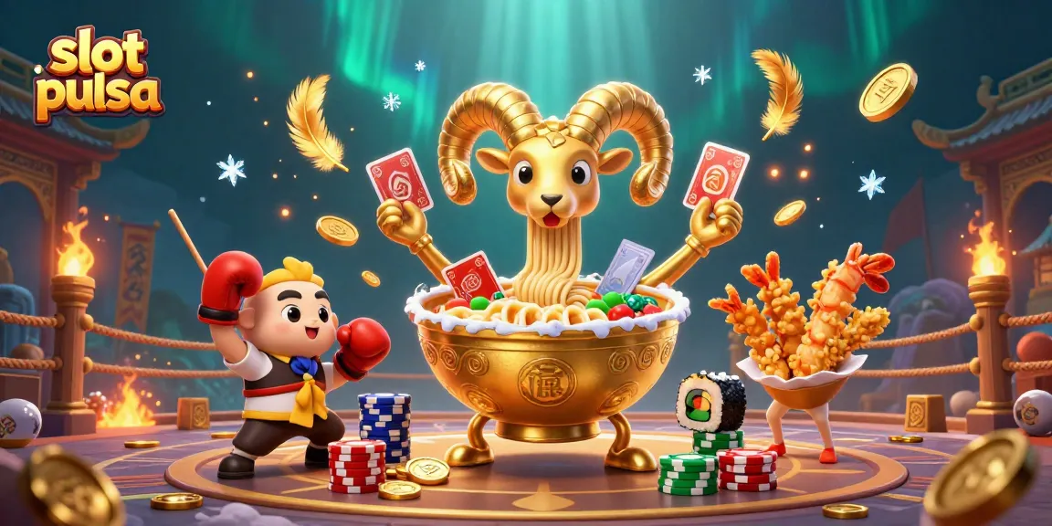 Slot pulsa dengan karakter unik bermain kartu dan taruhan, suasana kasino ramai.