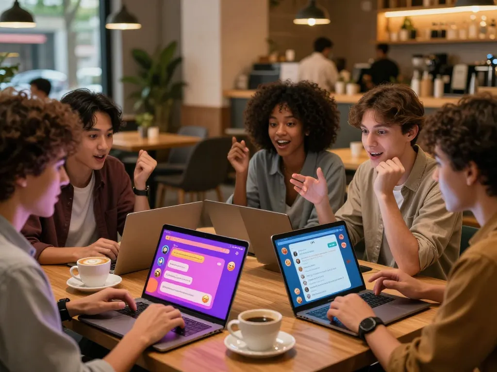 Engaged users exploring sex chat AI in a lively café atmosphere.