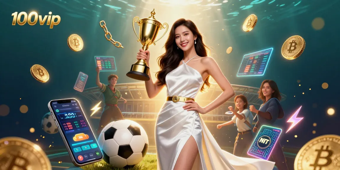 Engage with 100vip on a vibrant stage, celebrating victory in sports betting with cryptocurrency elements.