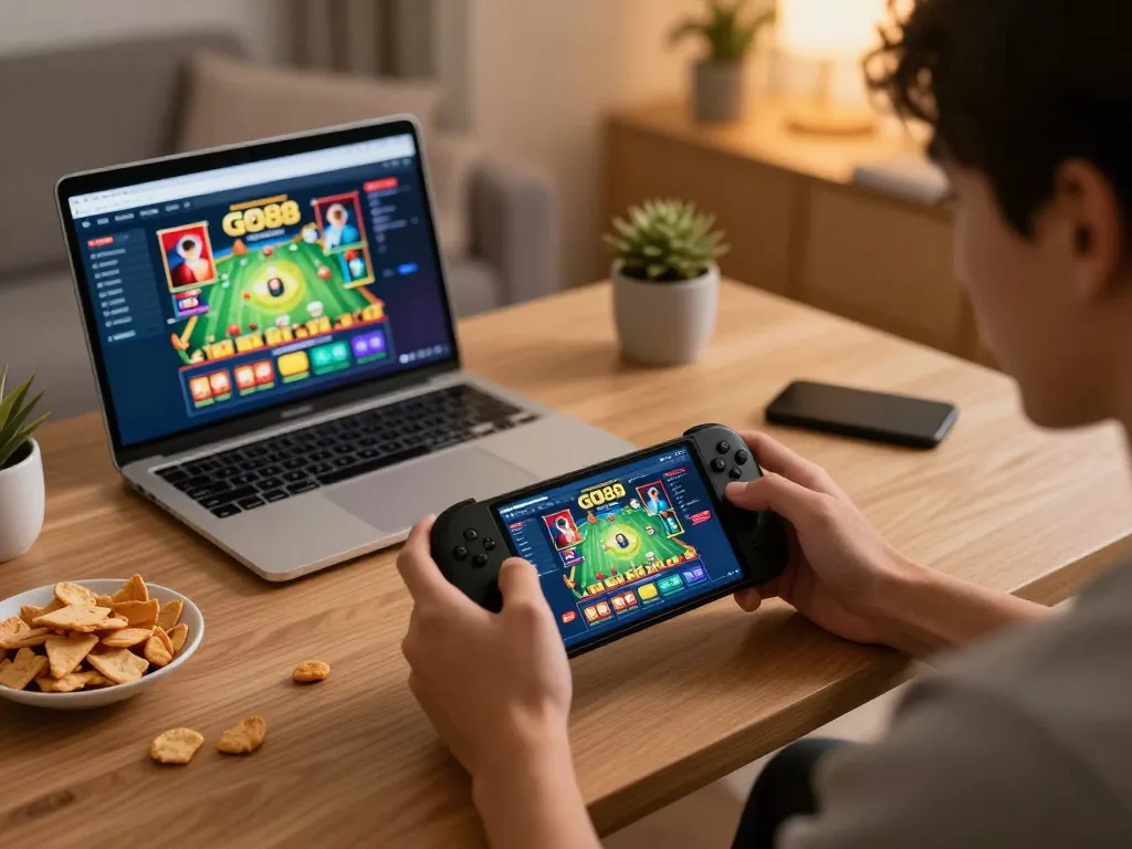 Engaging with GO88 mobile casino app during home gaming session.