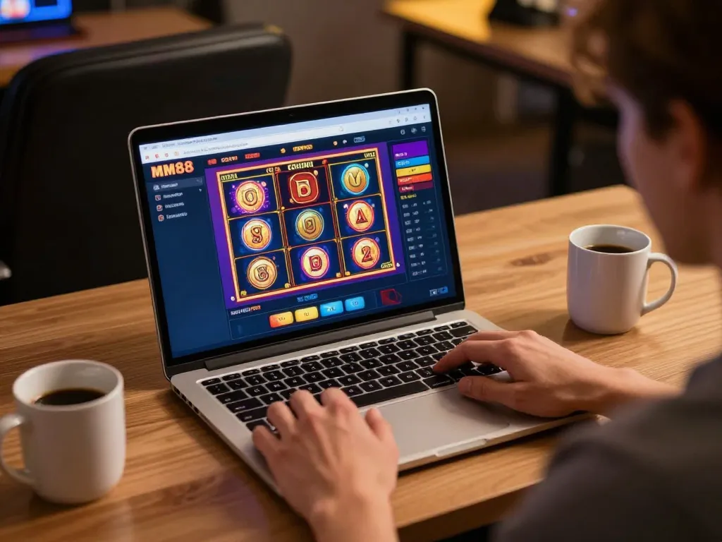 Enjoying online casino gaming on MM88 platform with vibrant graphics and cozy atmosphere.