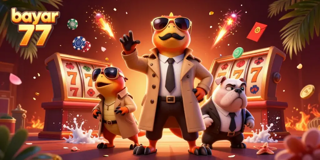Watch raptors in trench coats join the casino action at bayar 77 with vibrant gaming elements.