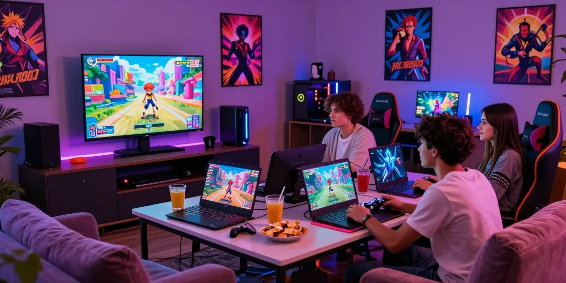 Group of friends playing a gay hentai game together in a vibrant gaming lounge setting, surrounded by gaming decor.
