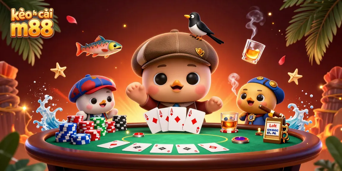 Trải nghiệm sự hồi hộp với kèo nhà cái m88 trong hình minh họa casino 3D sống động này với những nhân vật vui nhộn.