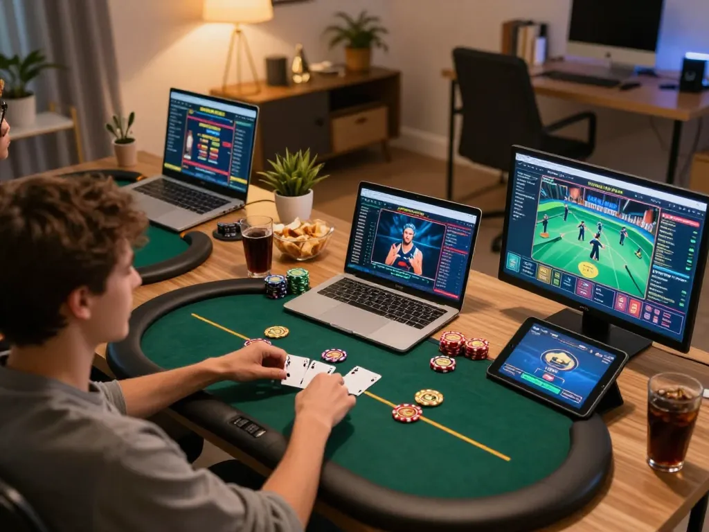 Experience MM88 online poker gaming with multiple screens and a cozy atmosphere.