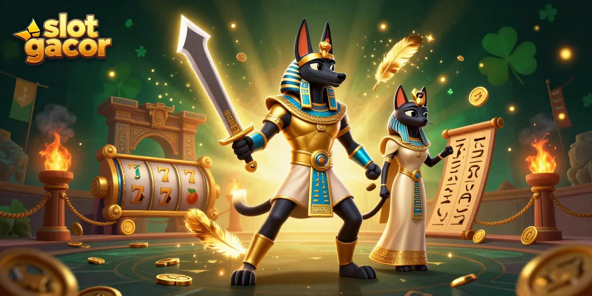 Engage in the thrilling world of slot gacor with Anubis and Bastet celebrating big wins amidst vibrant casino elements.