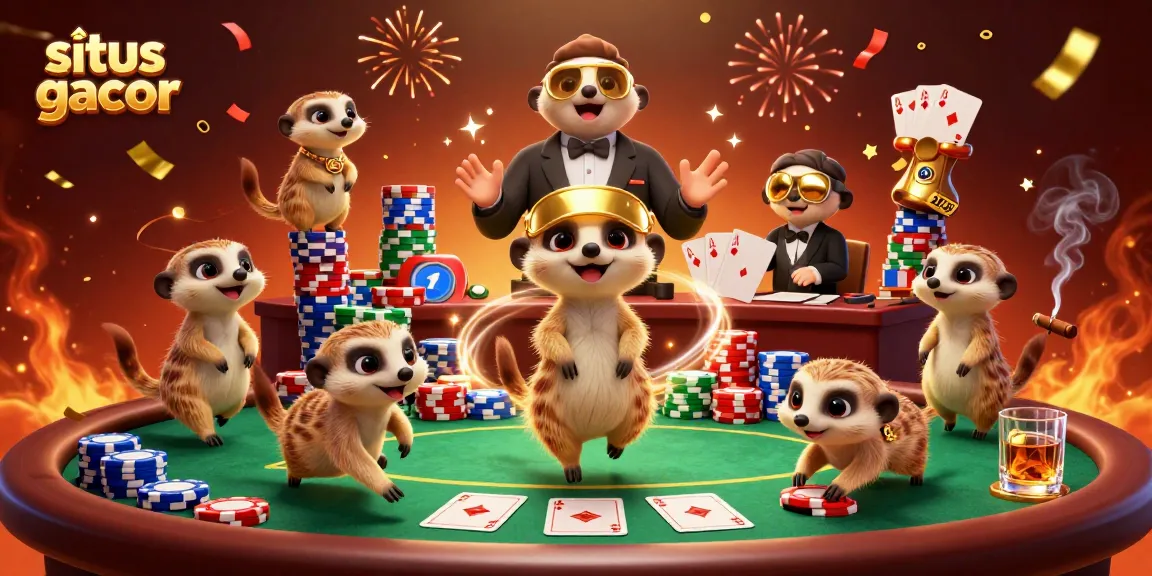 Enjoy exciting gameplay at situs gacor featuring meerkats running a colorful casino operation.