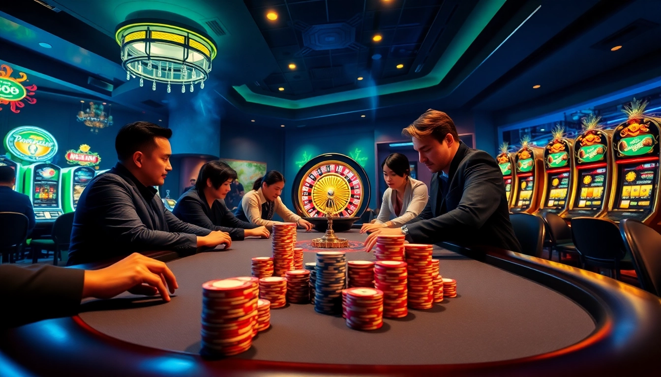 Experience the thrilling energy of nk88 as players engage in strategic poker bets amidst a vibrant casino atmosphere.