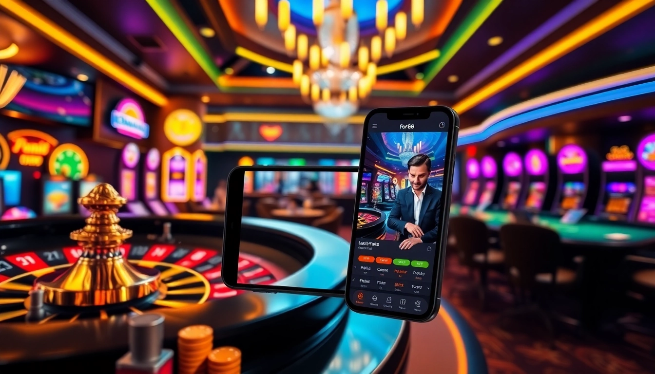 Tải app for88 for a premier online casino experience with engaging visuals of roulette and slots.