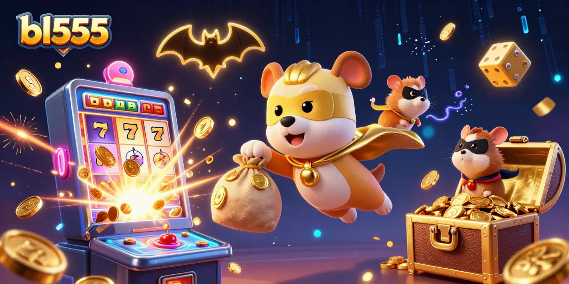 Win big with bl555 while the superhero dog flies through a vibrant casino-themed world.