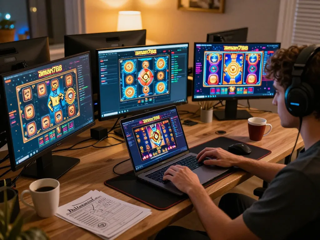 Terlibat dalam slot online aman788 di rumah, menampilkan antarmuka permainan yang cerah dan pengaturan yang nyaman.