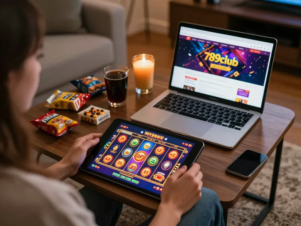 Person enjoying immersive gaming experience on 789club tablet in a cozy living room setting.
