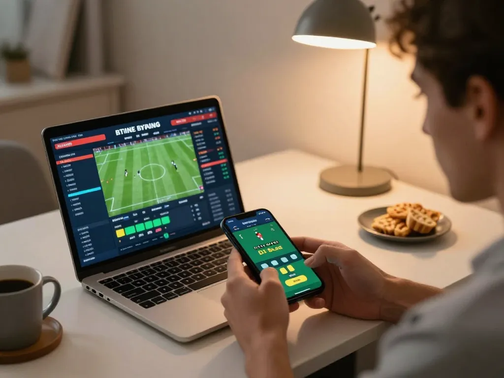 Player engaging in keo nha cai sports betting with smartphone in a modern home office.