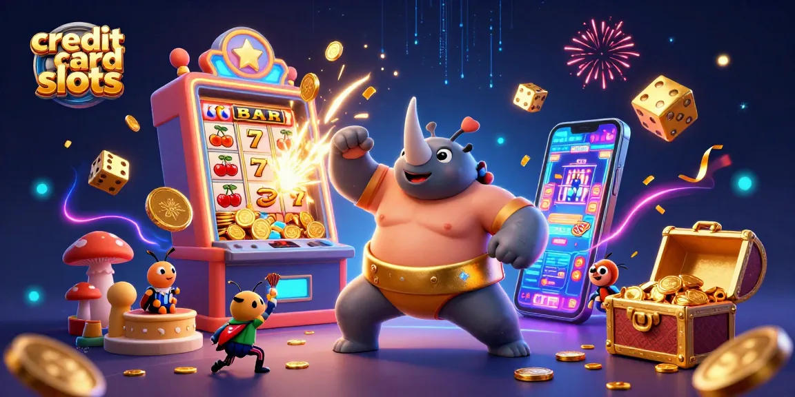 Experience exhilarating credit card slots action with a dynamic 3D illustration featuring beetles and casino elements.