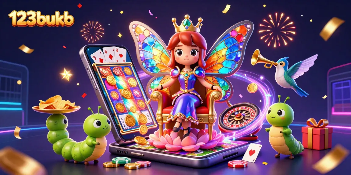 Experience the thrilling world of 123bukb with vibrant casino elements, celebrating wins and excitement.
