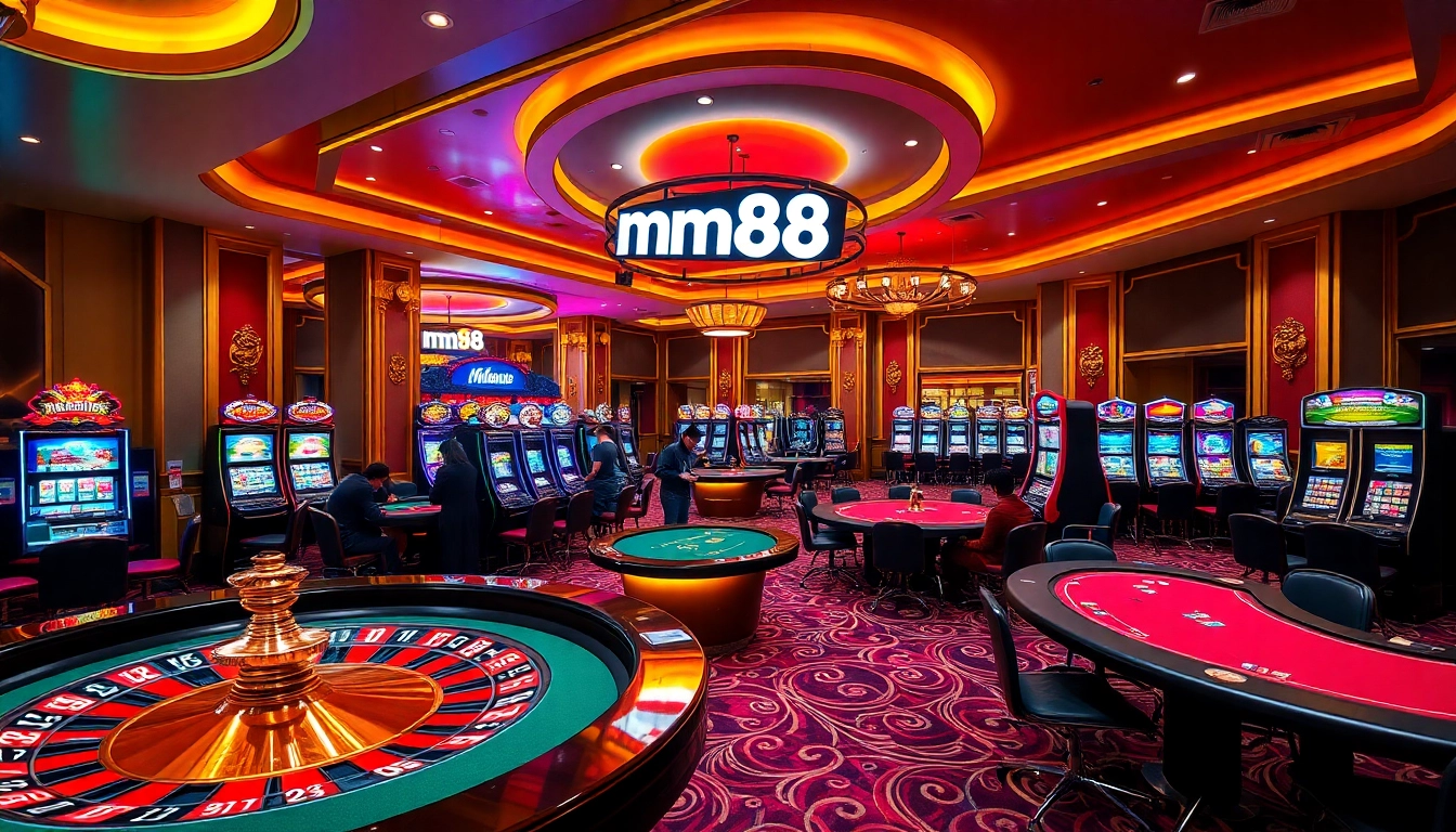 Exciting casino scene featuring mm88 branding with players at poker and roulette tables.