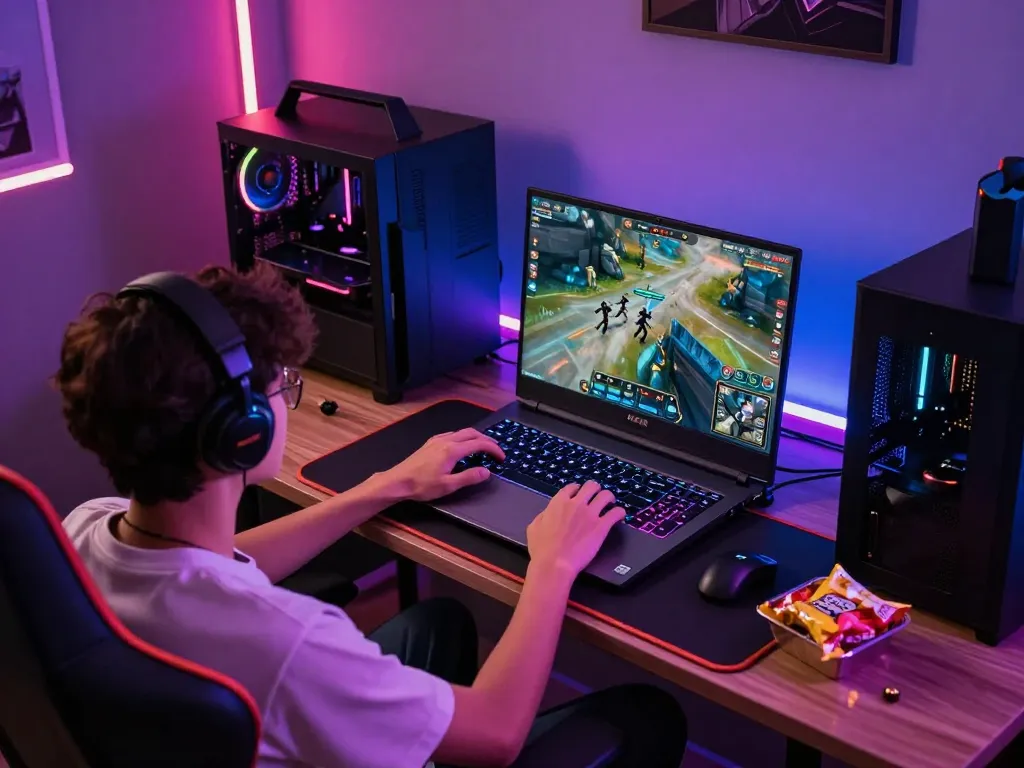 Engaging with the g28 game on a laptop during an online gaming session, showcasing a vibrant setup.