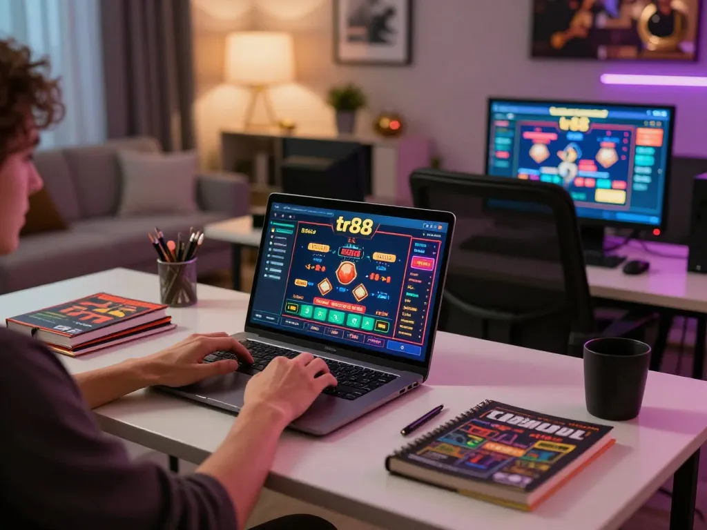 Engaged user placing bets on tr88 through a laptop in cozy home gaming setup.