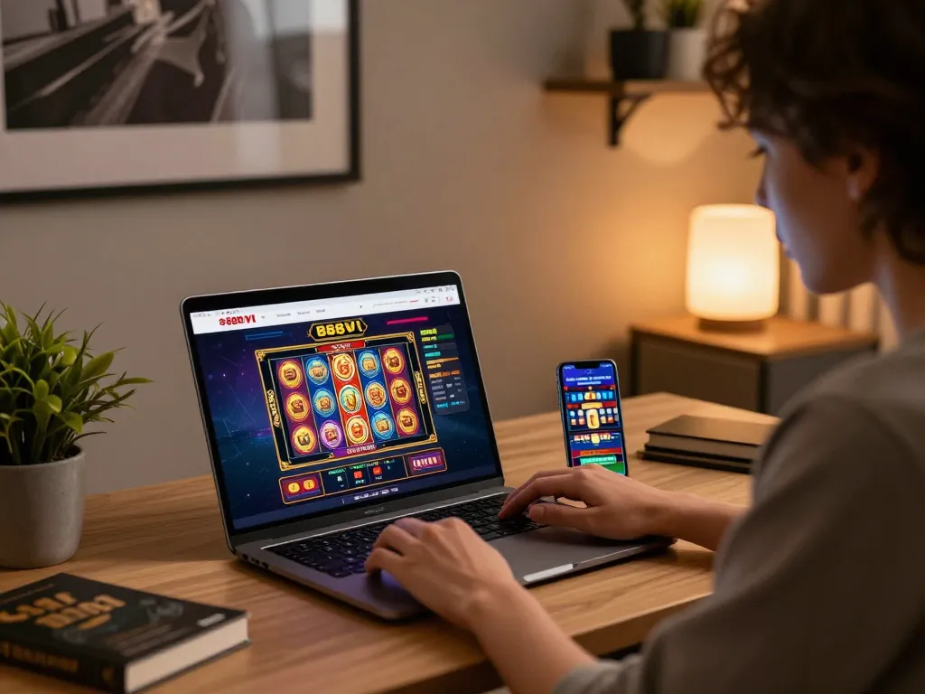 Engaging with the 888VI Homepage while playing online slots in a modern home office.