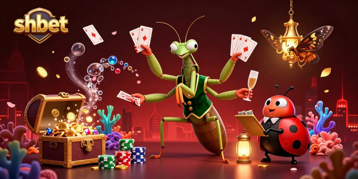 Engage in thrilling action at SHBET with a giant praying mantis card sharp and ladybug pit boss in a vibrant casino scene.