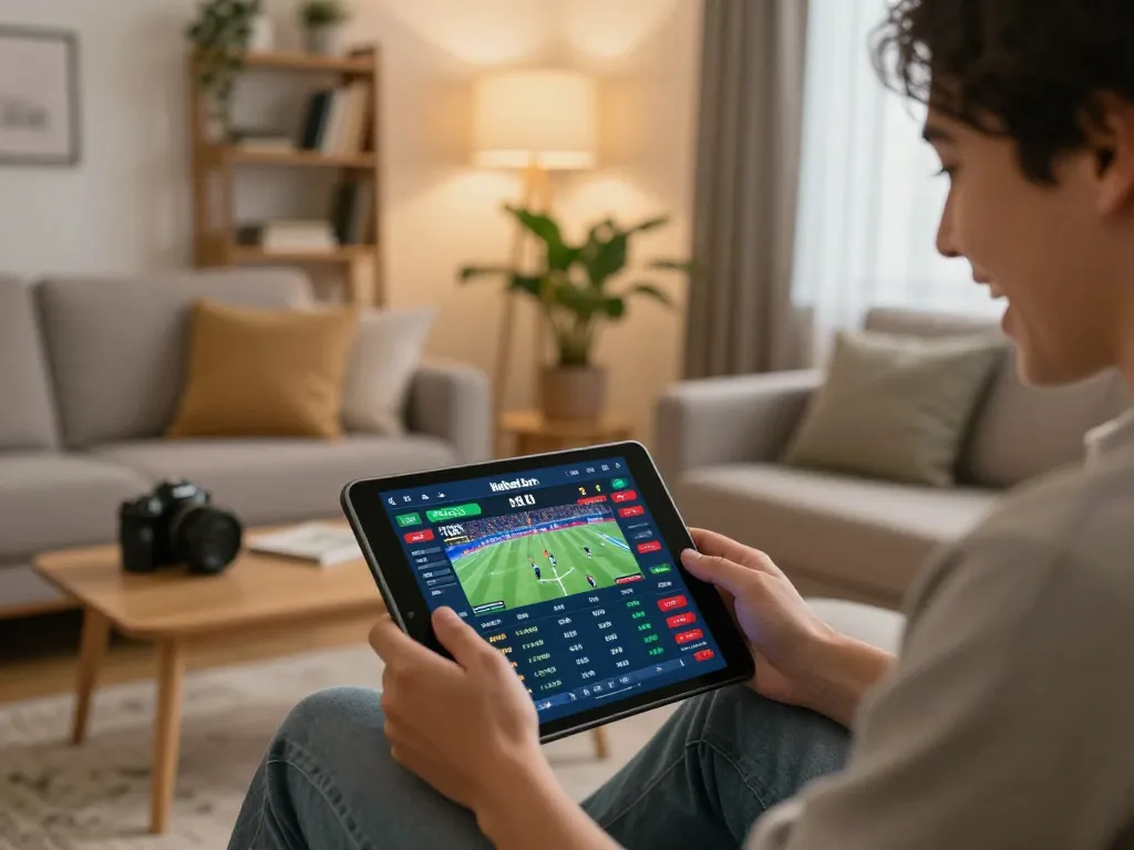 Engaged bettor using kebet.br.com to place bets on sports in a cozy home setting.