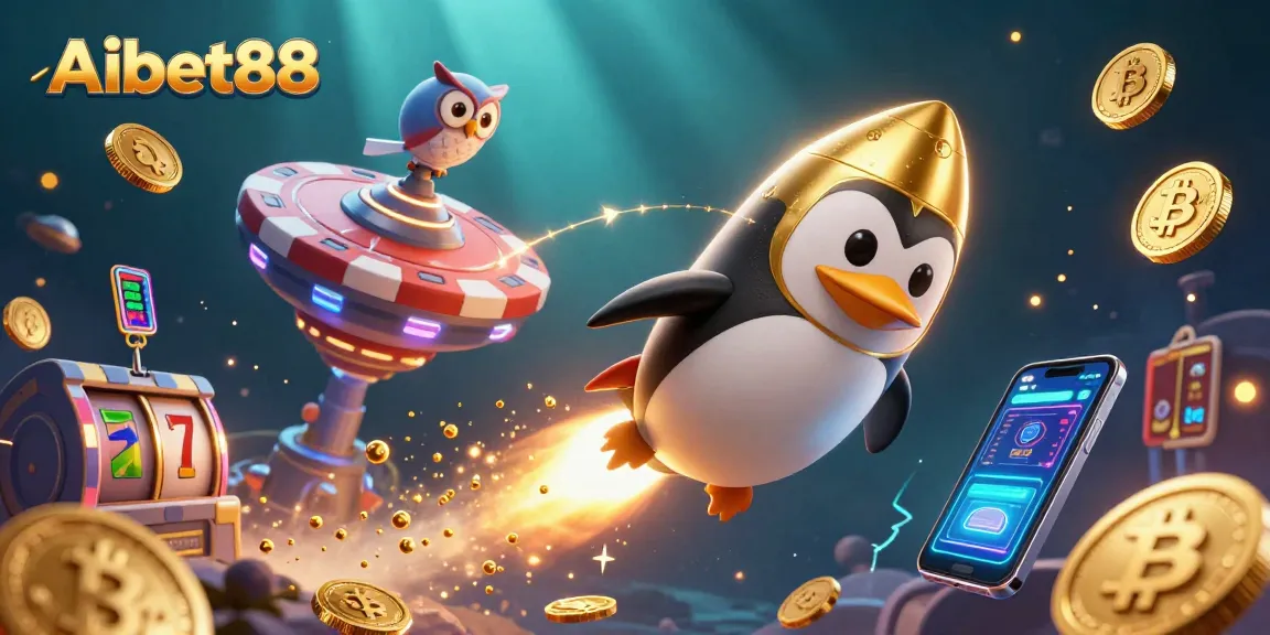 Aibet88 offers thrilling slots action featuring a golden penguin, vibrant colors, and blockchain elements.