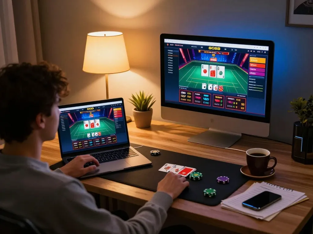 Engaging user enjoys online gaming experience with SC88 on laptop, showcasing vibrant interface and comfortable setup