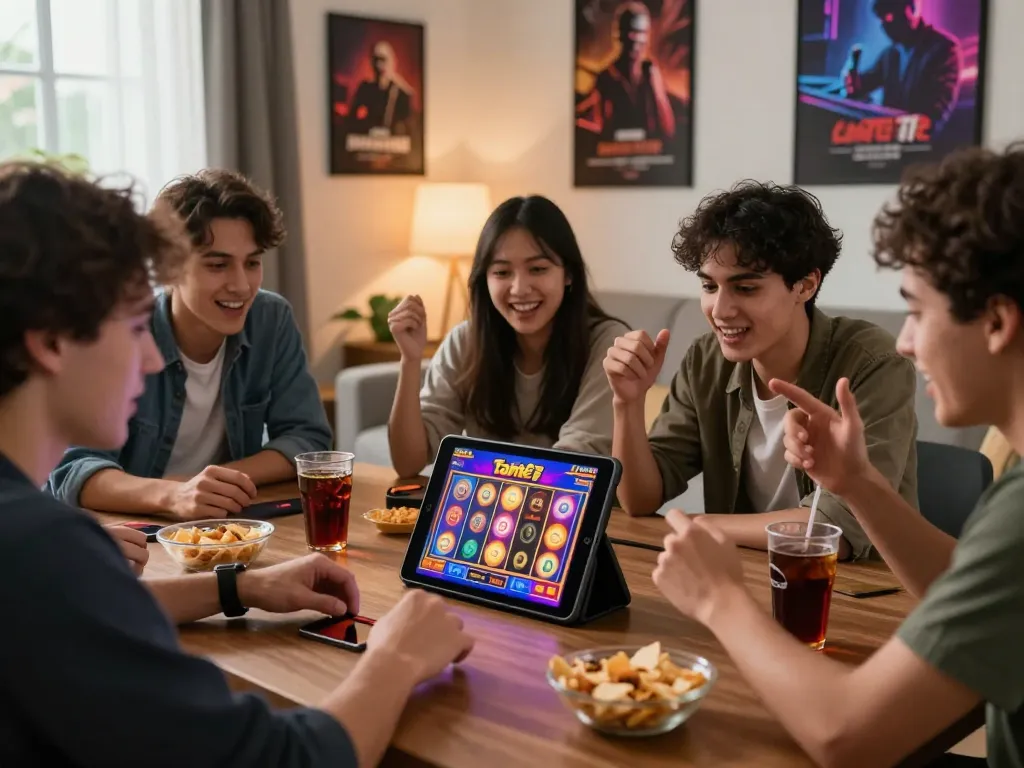 Tante77 online gaming session with friends enjoying colorful slot games in a cozy home setting.