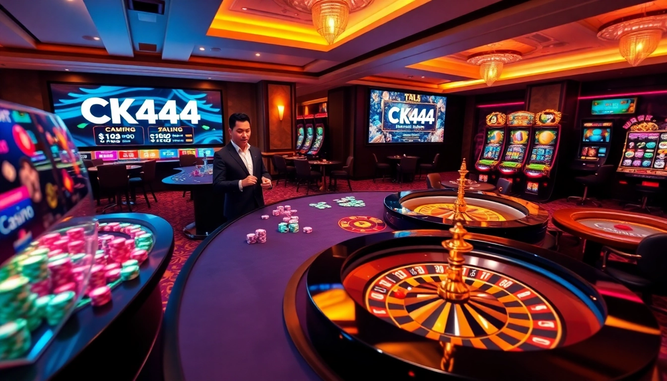 CK444 players engaging in a vibrant online casino experience with slots and table games.
