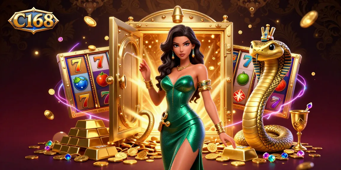 C168 reveals a vibrant online casino scene with a glamorous character, slot symbols, and treasure.