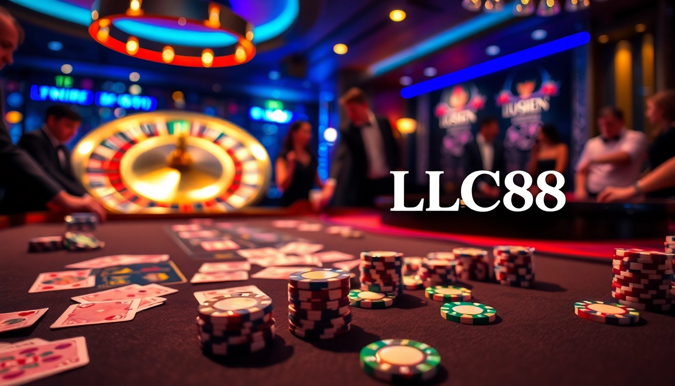 Casino game scene with LC88 branding, vibrant baccarat cards, and roulette wheel action.