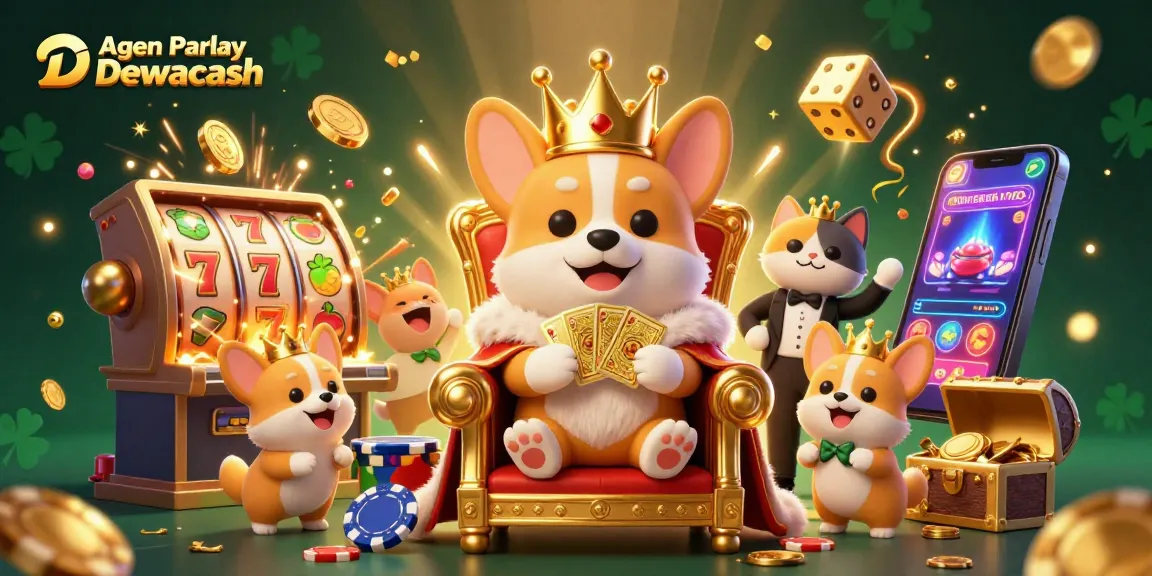 Agen Parlay Dewacash showcases a vibrant 3D scene with corgis and slot machines, highlighting engaging casino action.