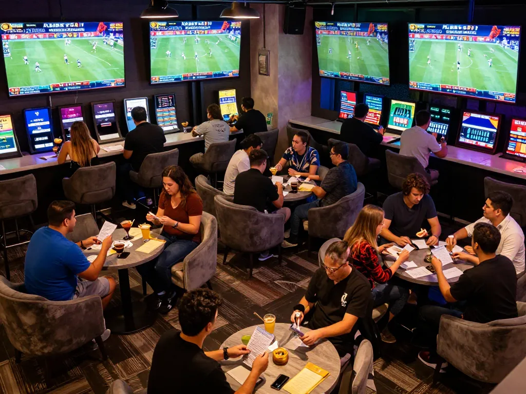 People engaging in exciting sports betting at king33 with multiple screens and drinks.