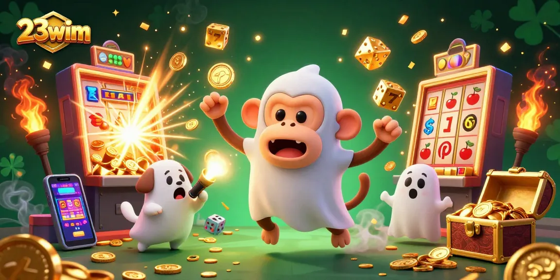Engage with the playful world of 23wim, featuring a poltergeist monkey in a vibrant casino scene.