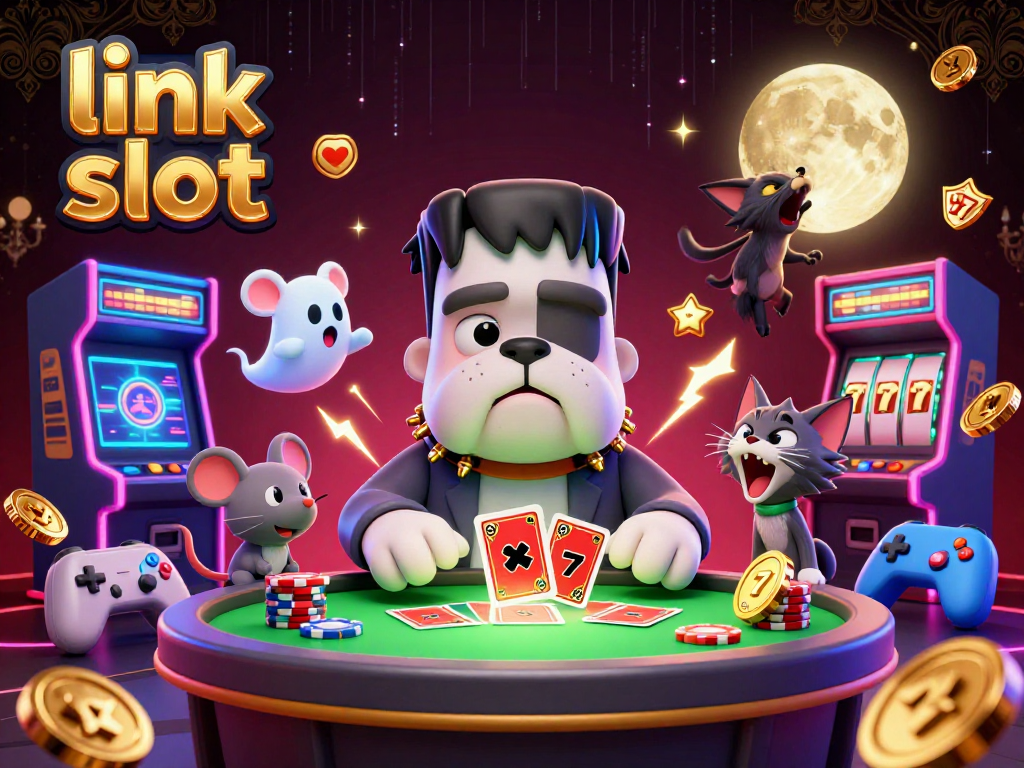 An animated scene showcases link slot reels in a lively casino environment, featuring unique characters and gaming elements.