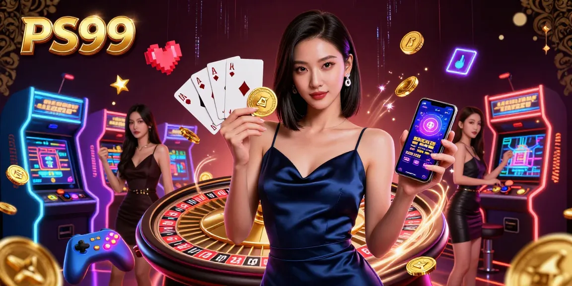 Experience the excitement of PS99 with a stunning Asian woman revealing her casino app and golden chip.