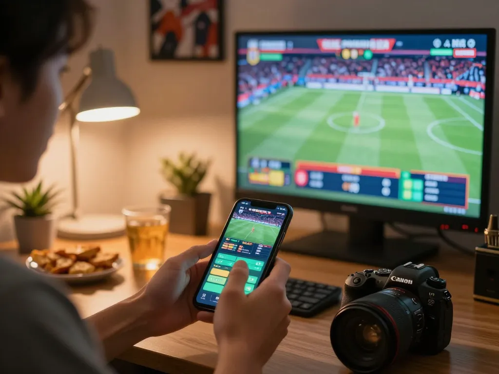 Engaging in sports betting through Lc88 com on a smartphone in a cozy home setup.
