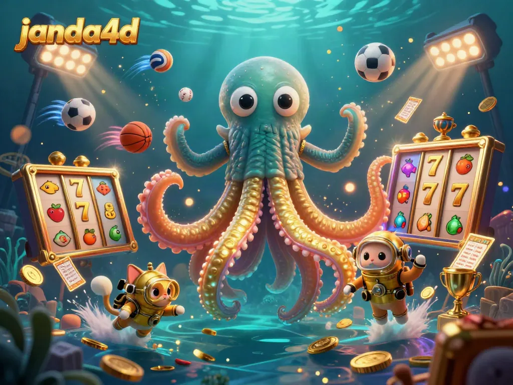 Janda4d menampilkan kasino bawah laut dengan kraken raksasa dan simbol slot dalam suasana gemerlap.