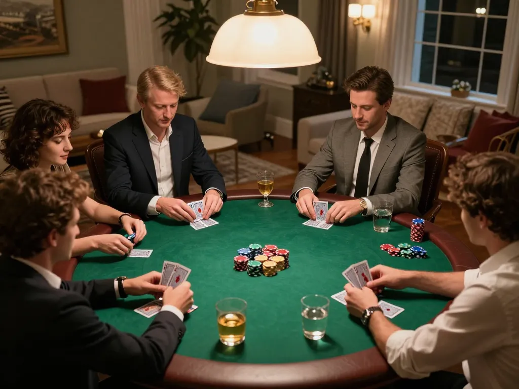 iWin players engaged in a friendly poker game at home, surrounded by snacks and drinks.