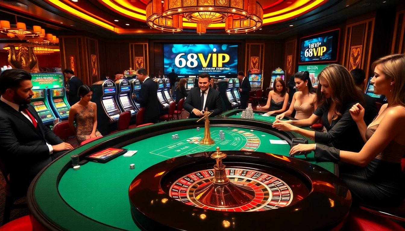 Experience the excitement of 68VIP at a luxurious casino table with roulette, dice, and poker chips.